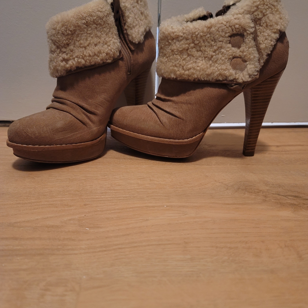 UGG Tan Heeled Boots with Faux Fur Cuff